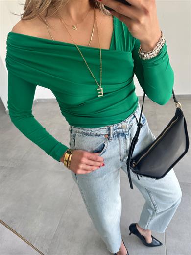 Yeşil V Yaka Drapeli Bluz