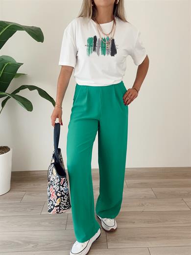 Yeşil Yandan Fermuarlı Pileli Palazzo