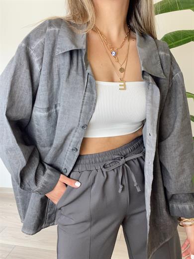 Yıkamalı Gri Düşük Omuzlu Gömlek