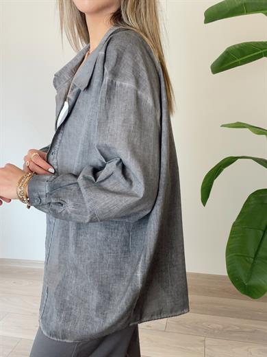 Yıkamalı Gri Düşük Omuzlu Gömlek