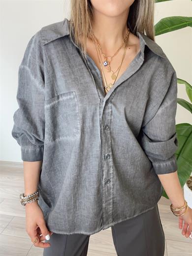Yıkamalı Gri Düşük Omuzlu Gömlek