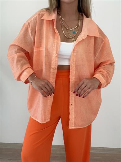 Yıkamalı Turuncu Düşük Omuzlu Gömlek