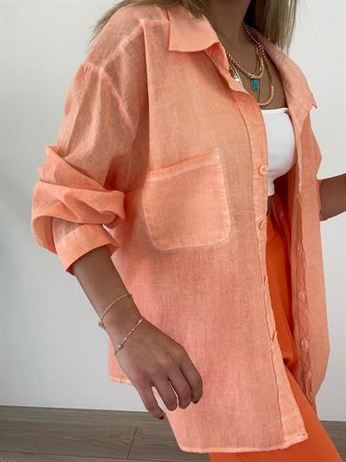 Yıkamalı Turuncu Düşük Omuzlu Gömlek