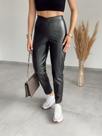 Yüksek Bel Siyah Deri Tayt Pantolon