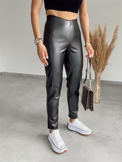 Yüksek Bel Siyah Deri Tayt Pantolon