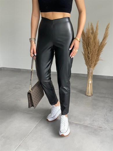 Yüksek Bel Siyah Deri Tayt Pantolon