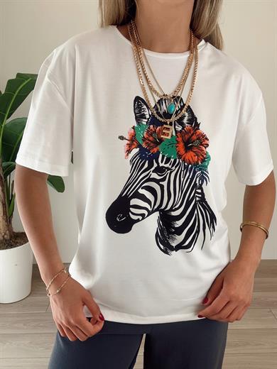 Zebra Desen Ekru Tişört