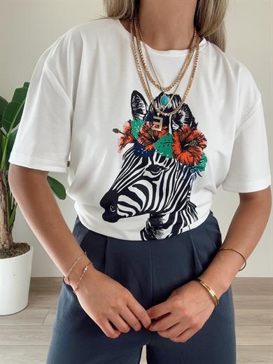 Zebra Desen Ekru Tişört