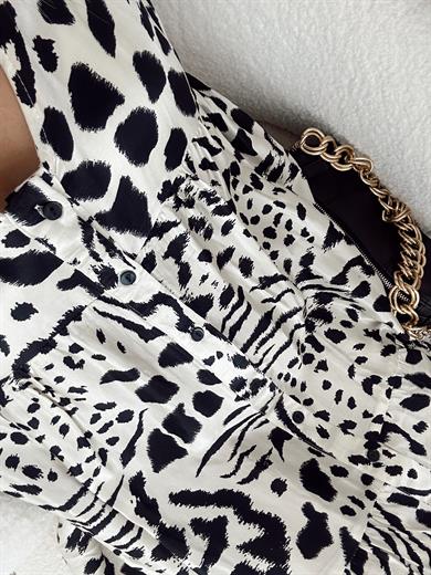 Zebra Desenli Önden Düğmeli Saten Elbise