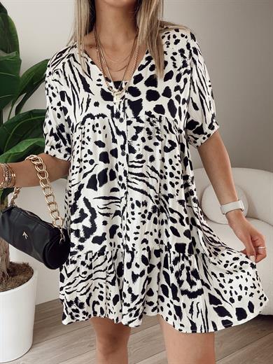 Zebra Desenli Önden Düğmeli Saten Elbise