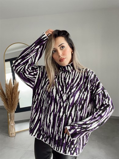 Zebra Desenli Triko Kazak Mor