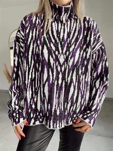 Zebra Desenli Triko Kazak Mor