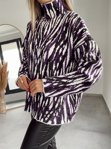 Zebra Desenli Triko Kazak Mor