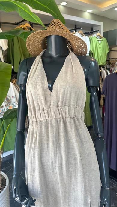 Zendaya Örgü Detaylı Bej Elbise