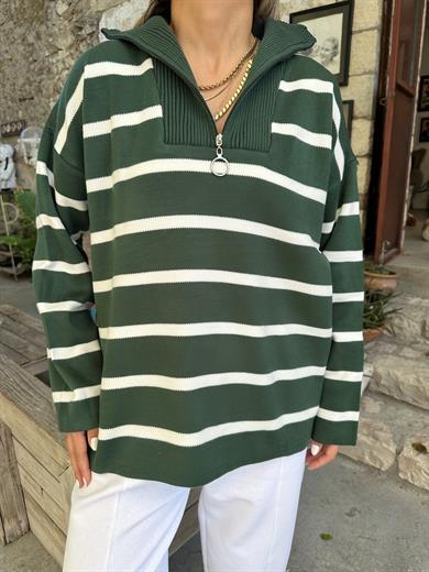 Zümrüt-Ekru Dik Yaka Fermuarlı Çizgili Triko Kazak