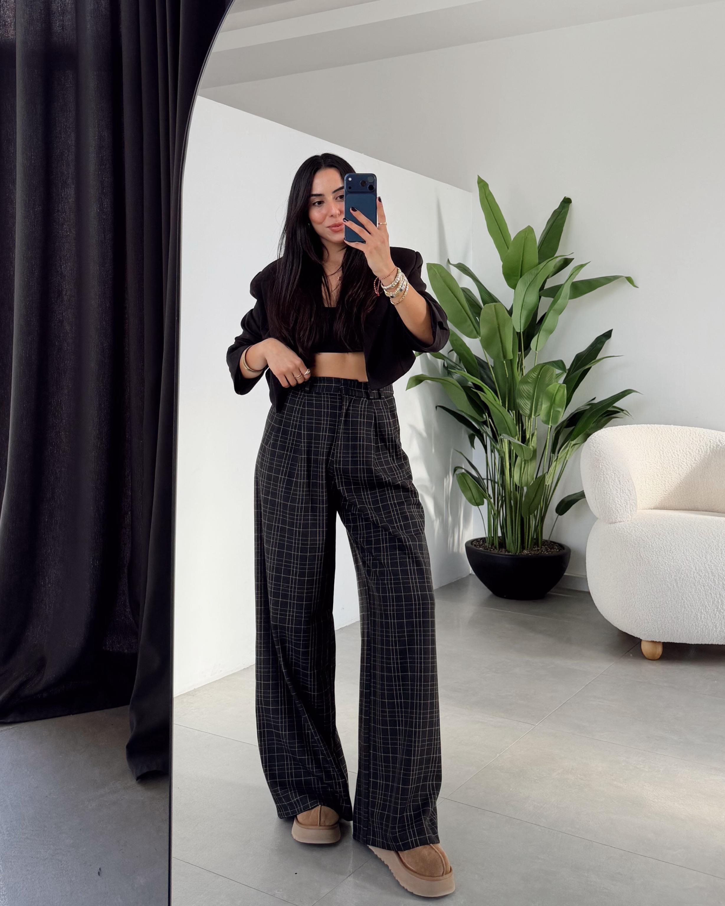 Acı Kahve Ekose Bol Paça Pantolon