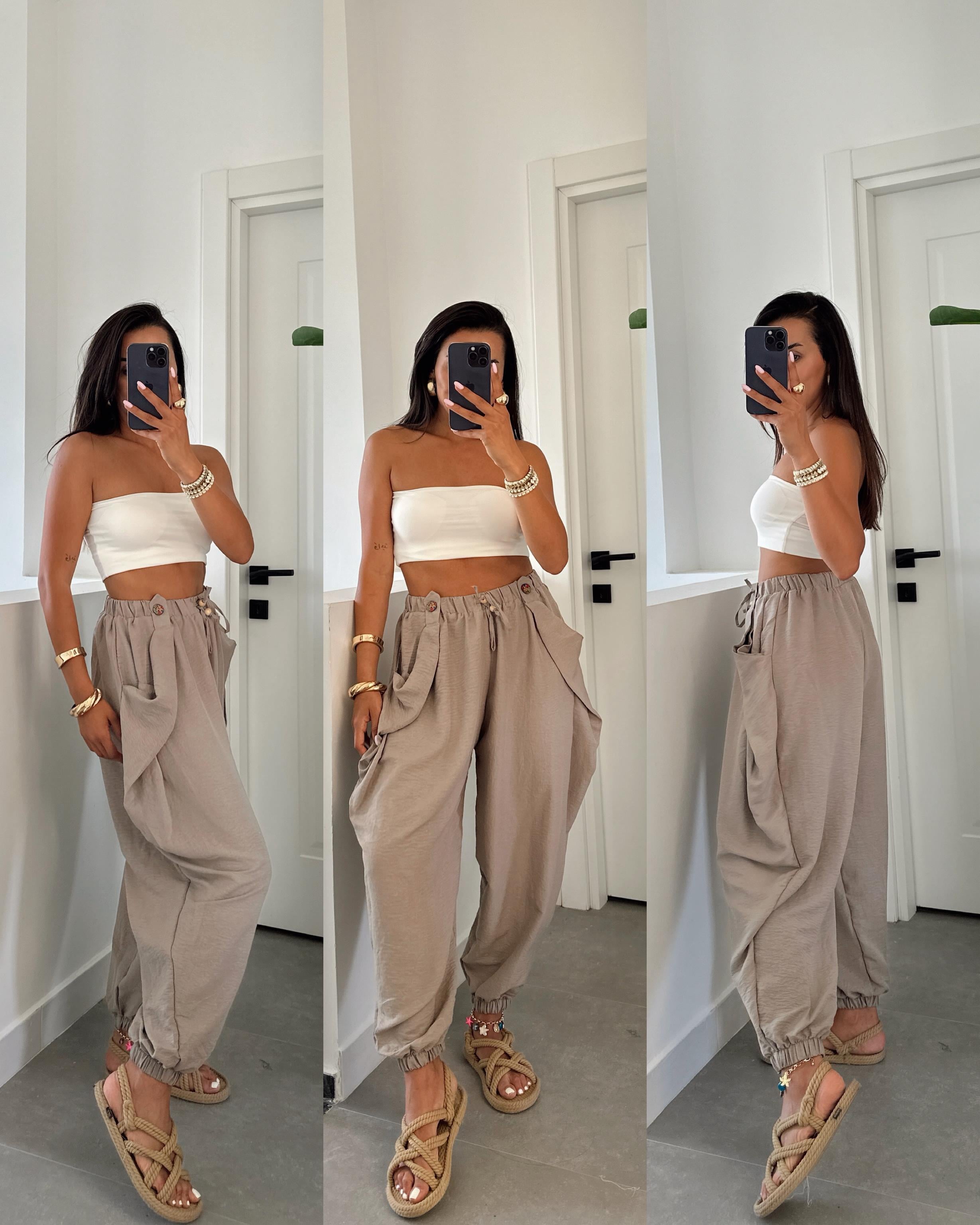 Açık Haki Tasarım Şalvar Pantolon