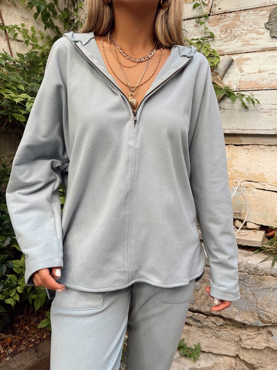 Açık Mavi Fermuar Detaylı Polar Sweatshirt