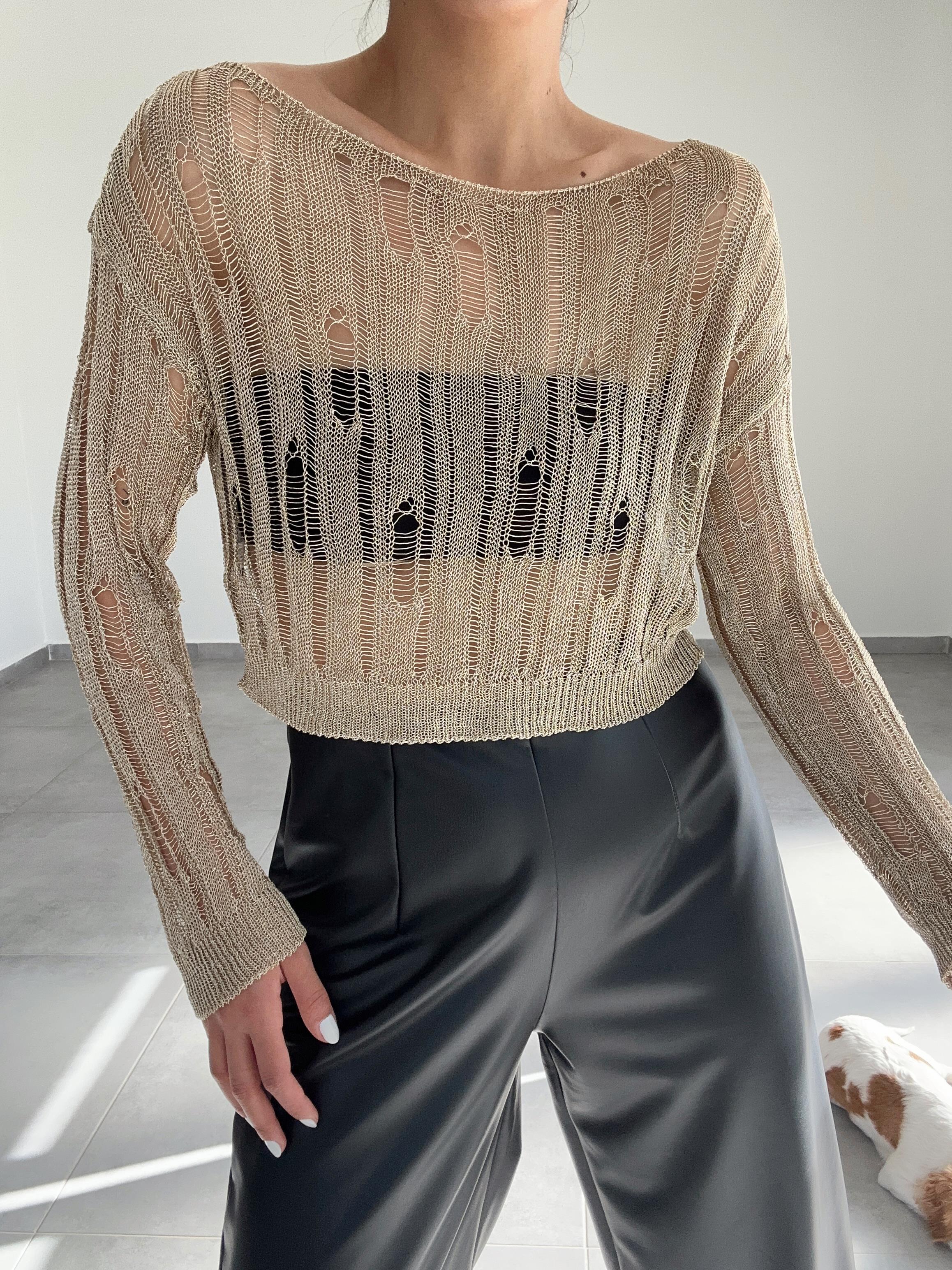 Altın Metalık Triko Bluz