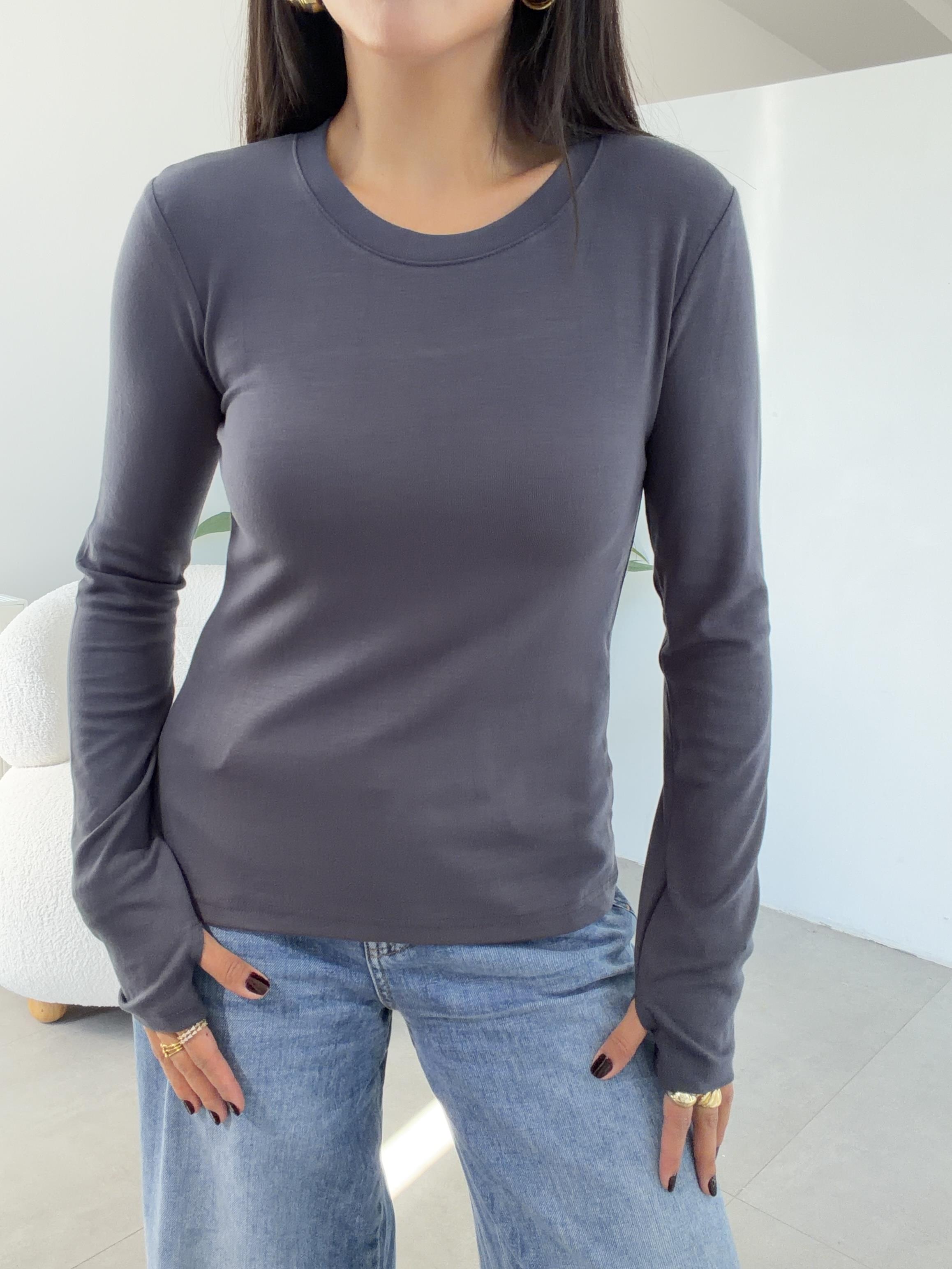 Antrasit Beliza Parmak Geçme Bisiklet Yaka Bluz