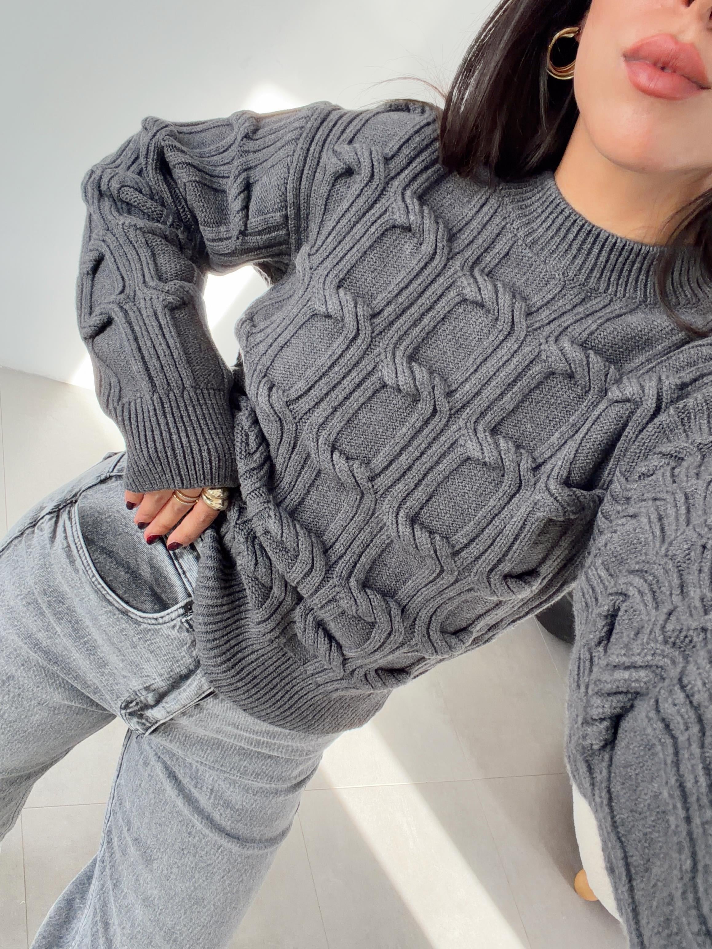 Antrasit Bisiklet Yaka Örgü Detaylı Triko