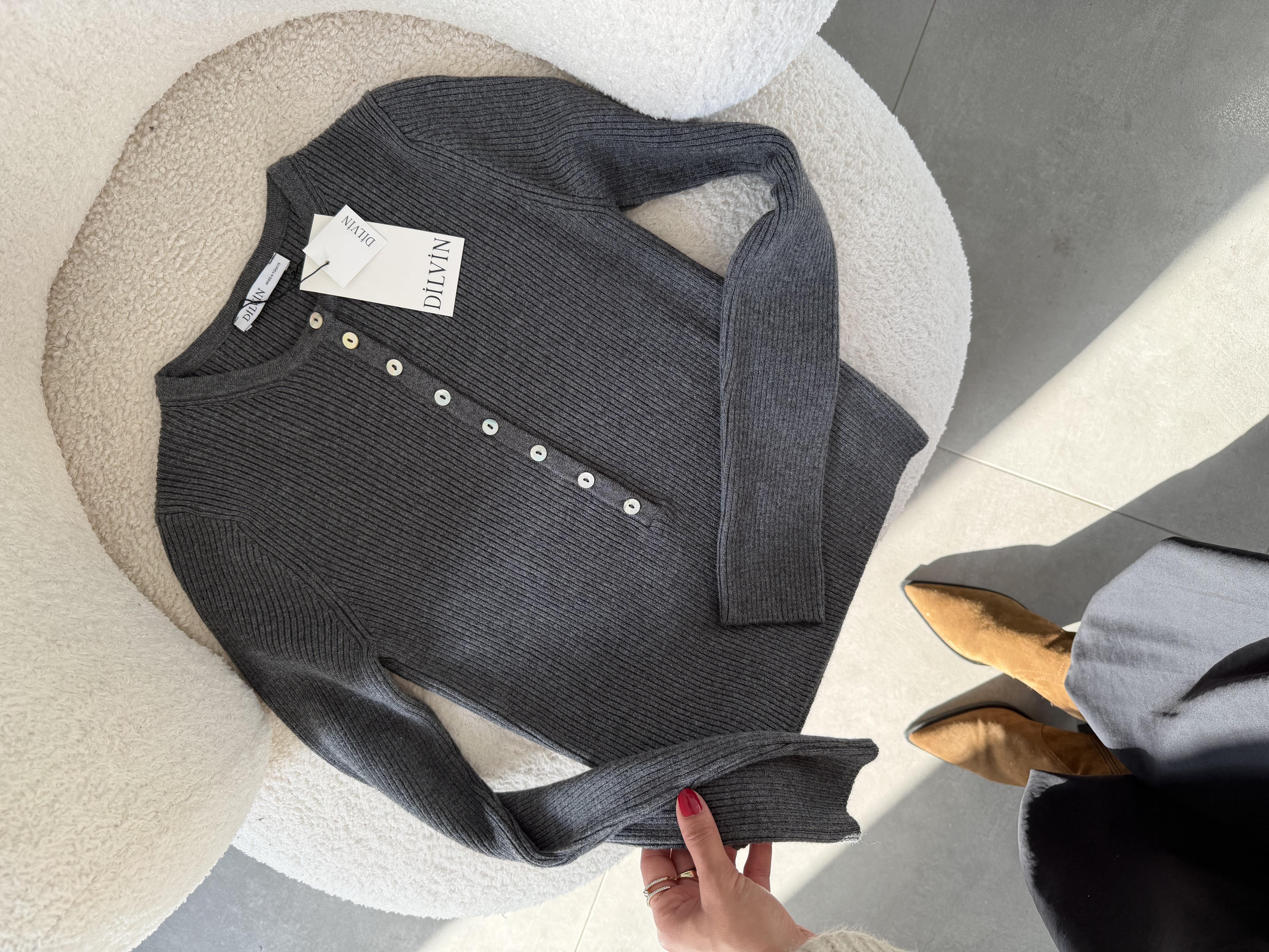 Antrasit Bisiklet Yaka Yünlü Düğmeli Triko