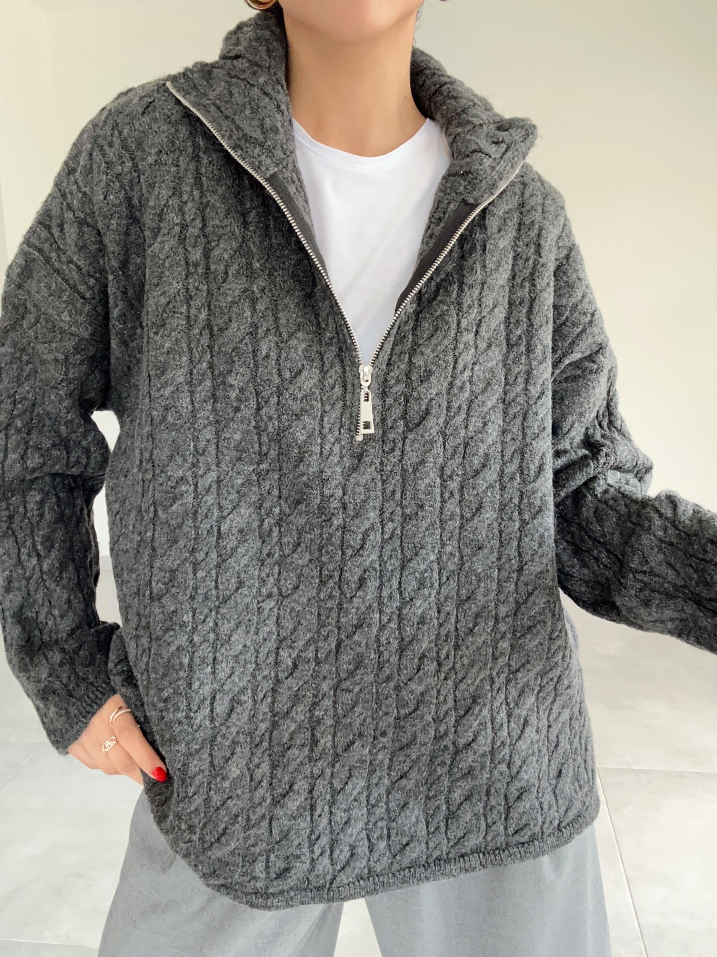 Antrasit Fermuarlı Triko Kazak