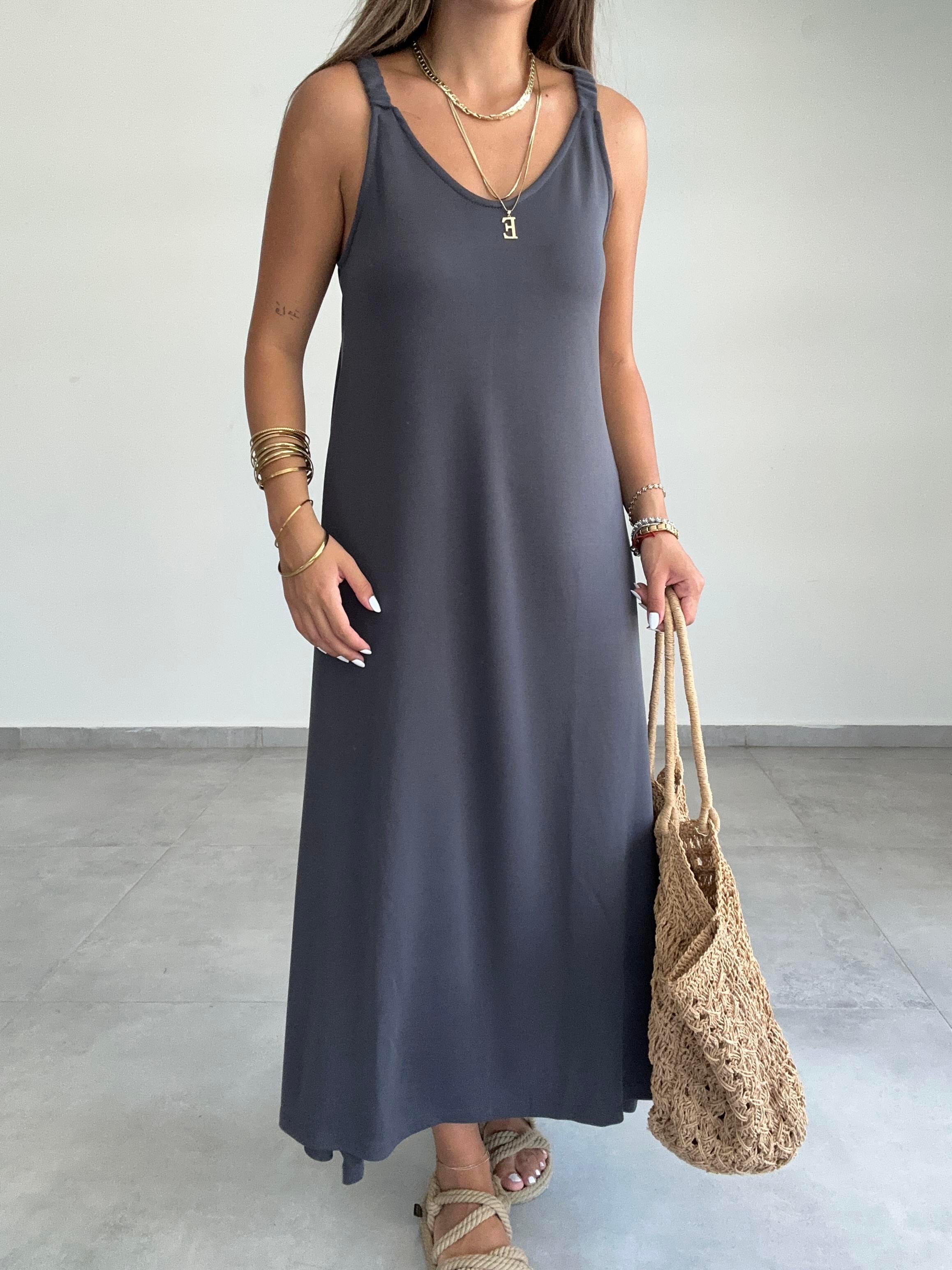 Antrasit Modal Büzgü Lastik Askılı Elbise