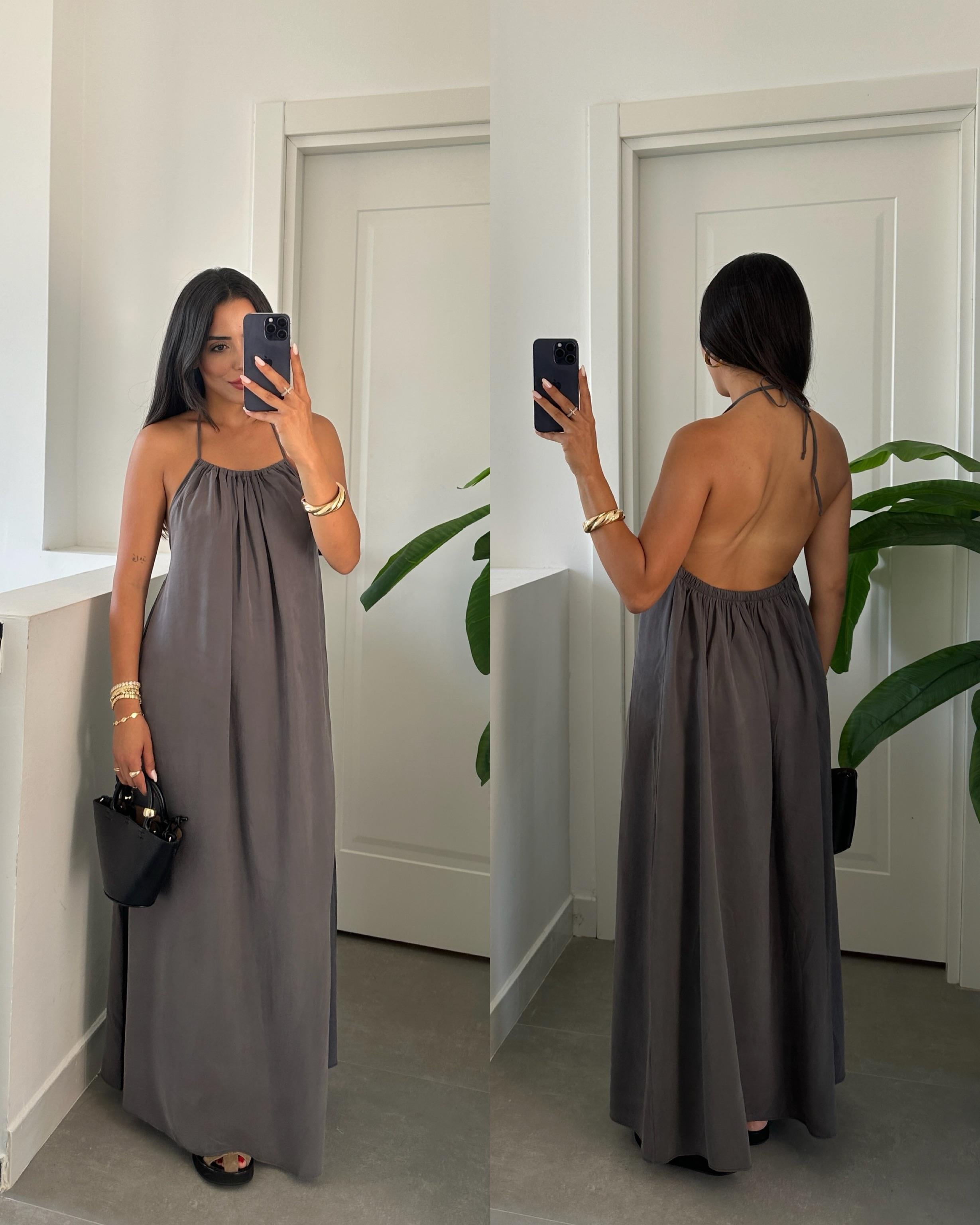 Antrasit Sırt Dekolteli Askılı Elbise