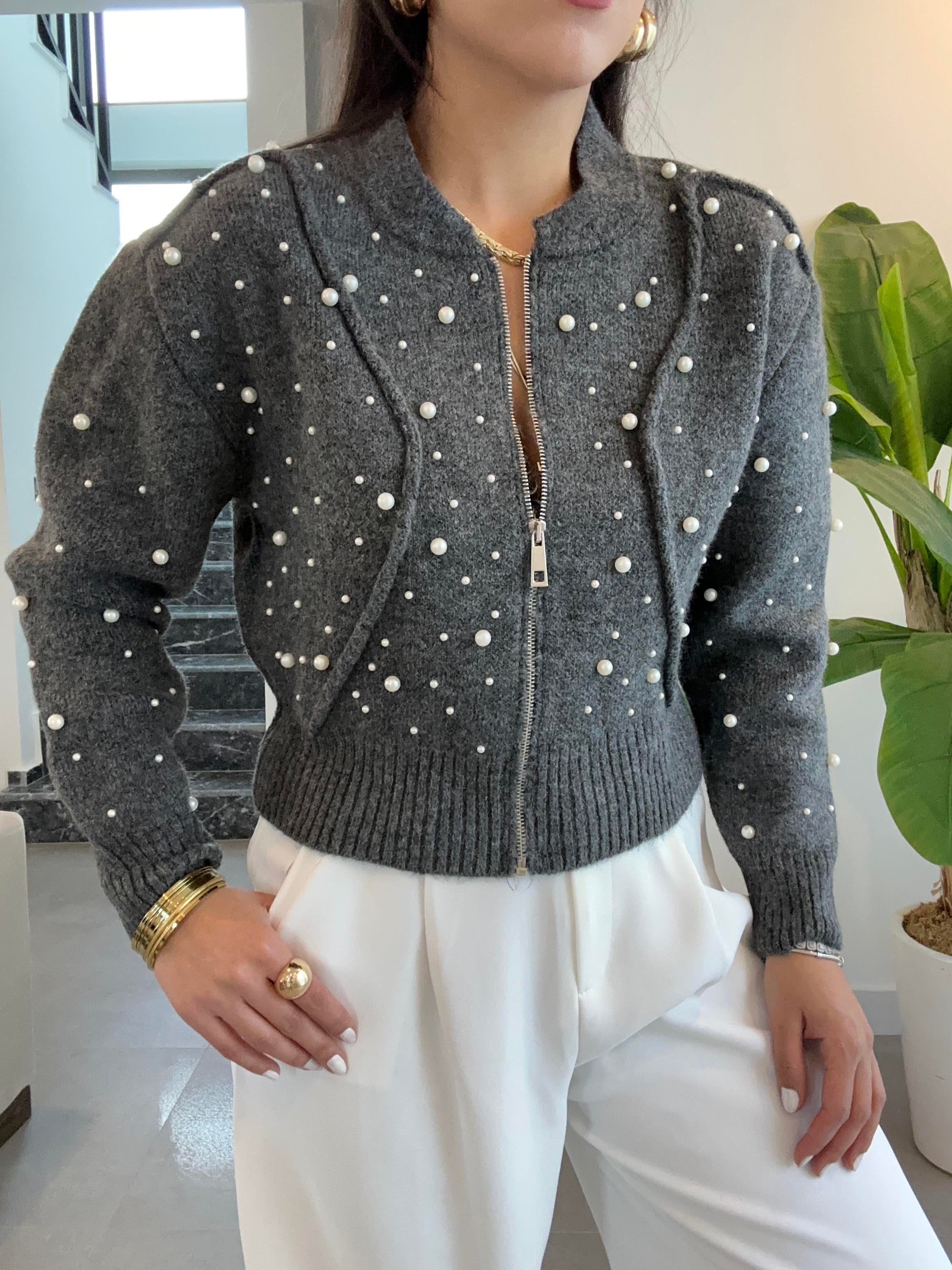 Antrasit Suni İncili Triko Bomber Ceket