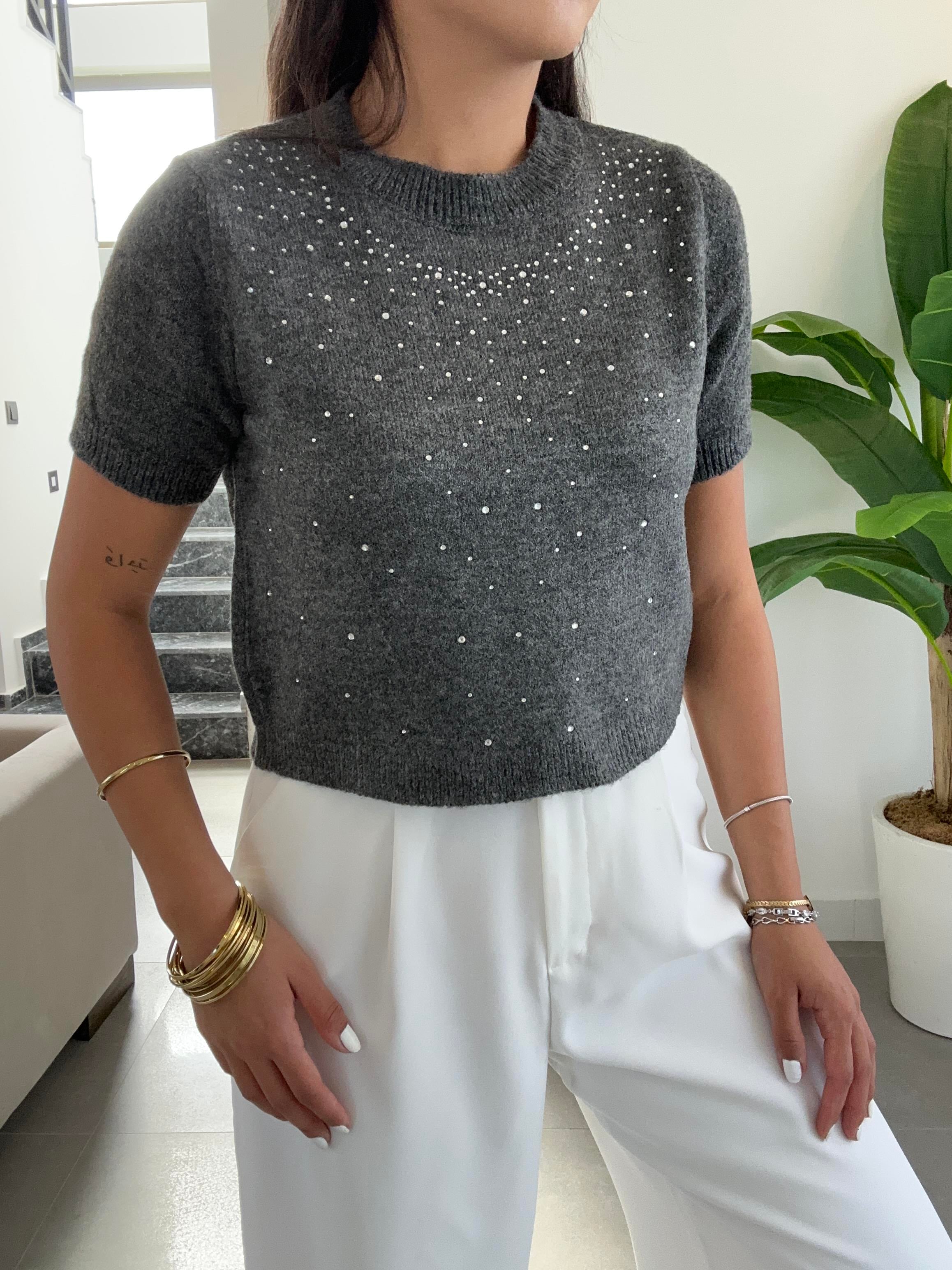 Antrasit Taş Detaylı Triko Kazak