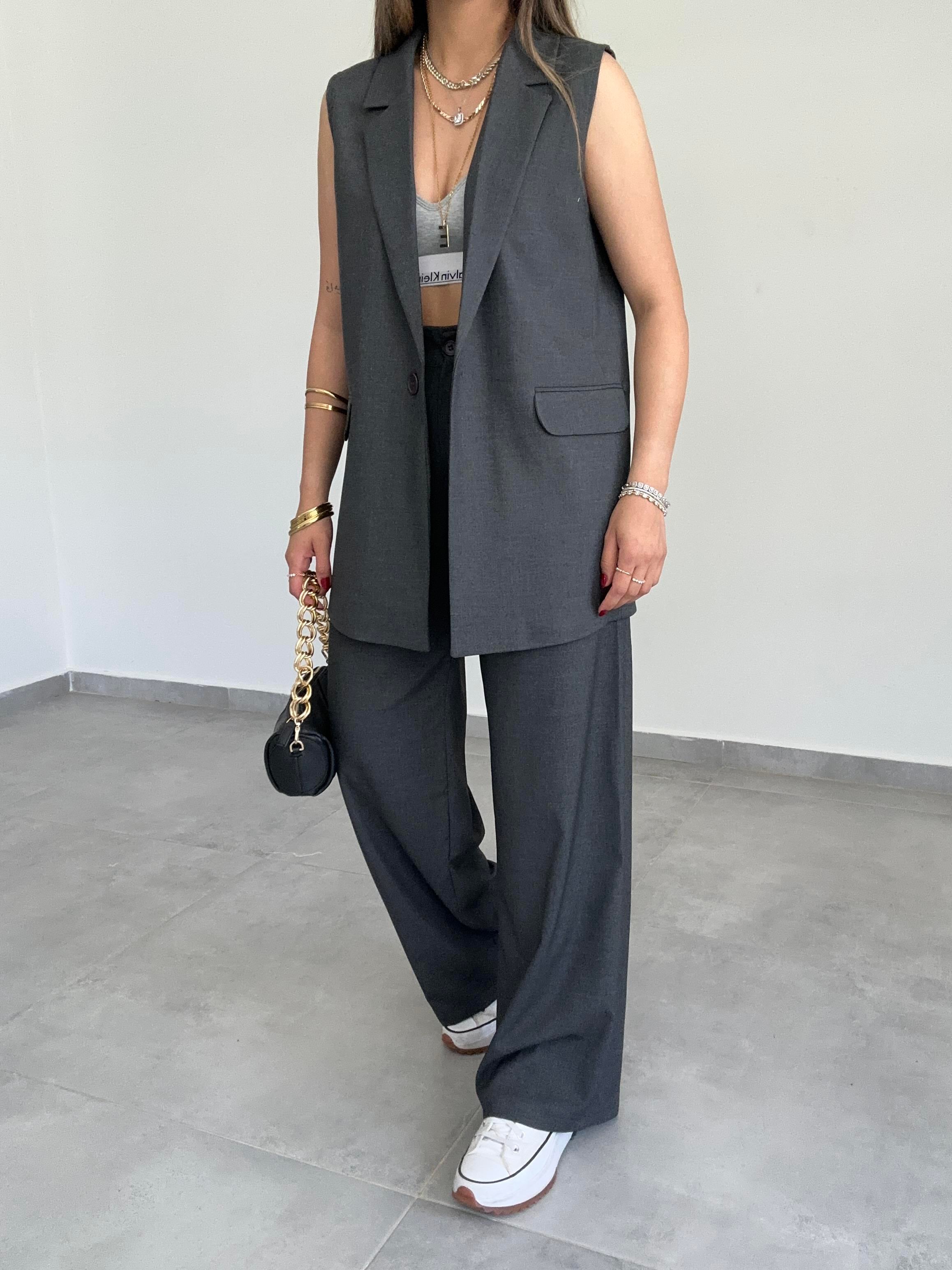 Antrasit Uzun Yelekli Takım