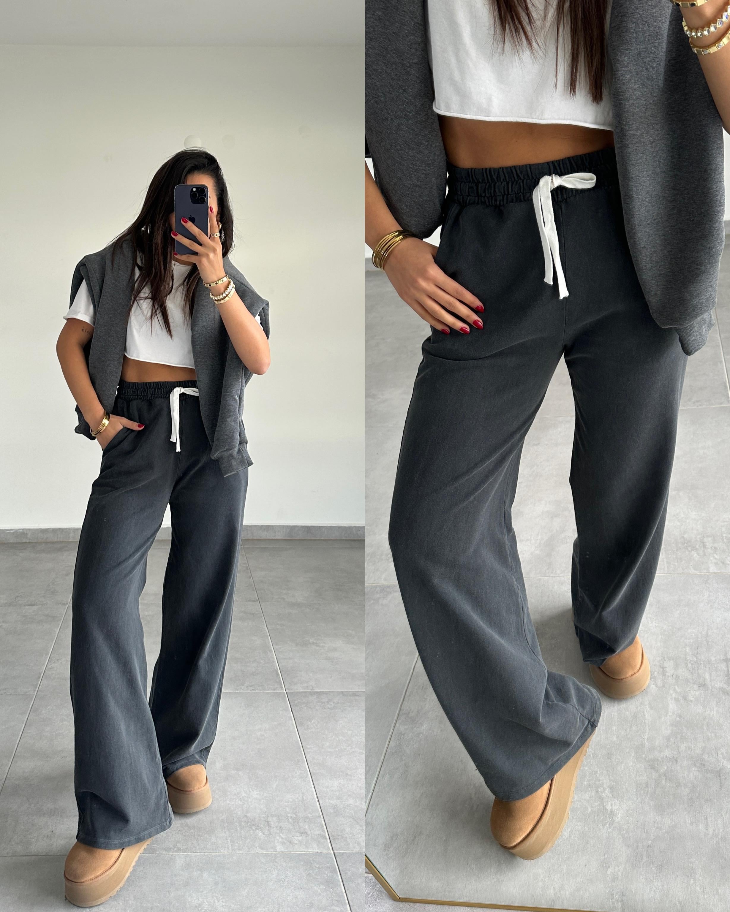 Antrasit Yıkamalı Kumaş Bol Paça Eşofman