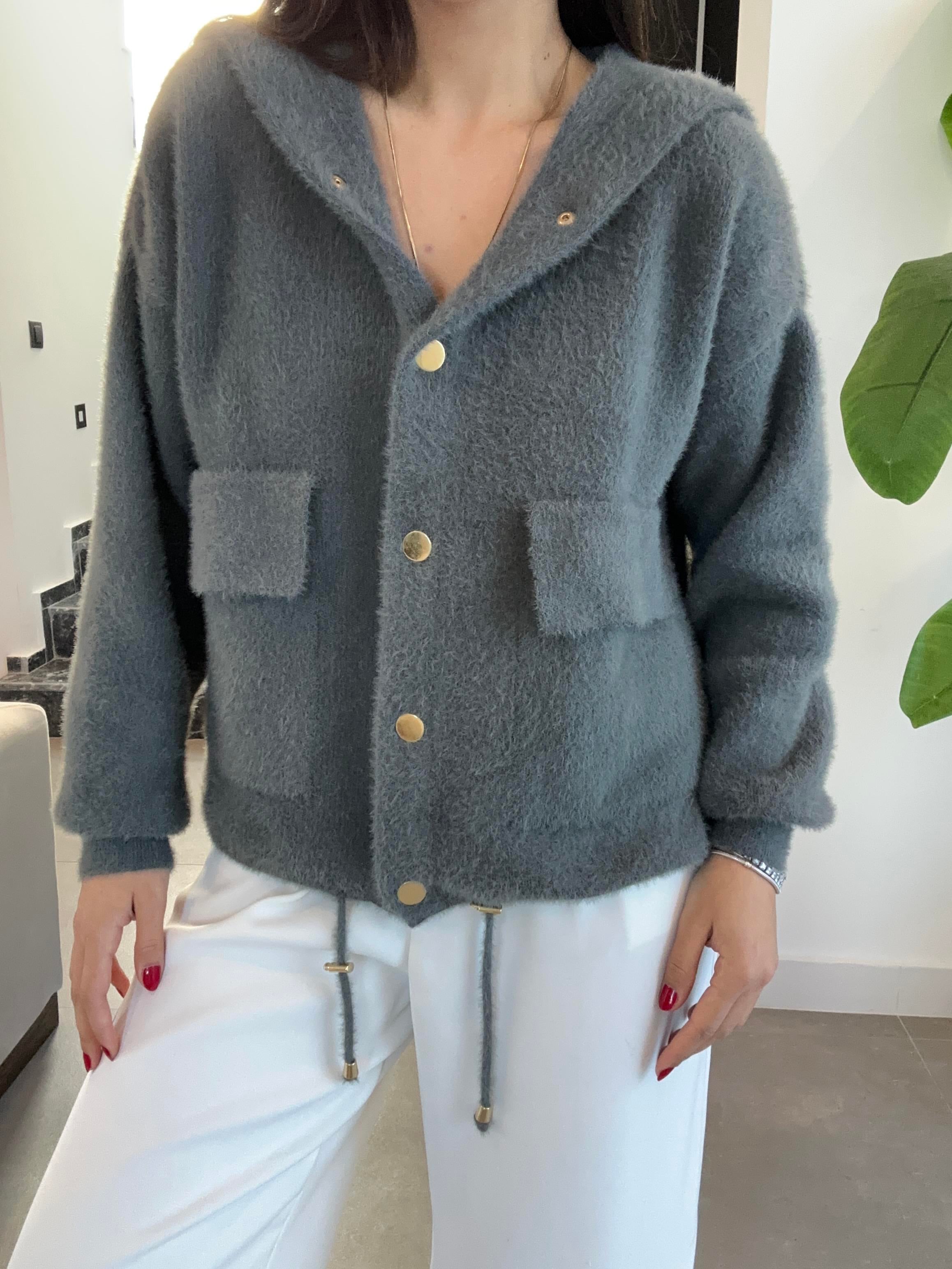 Antrasit Yumoş Belden Büzgülü Kapşonlu Ceket