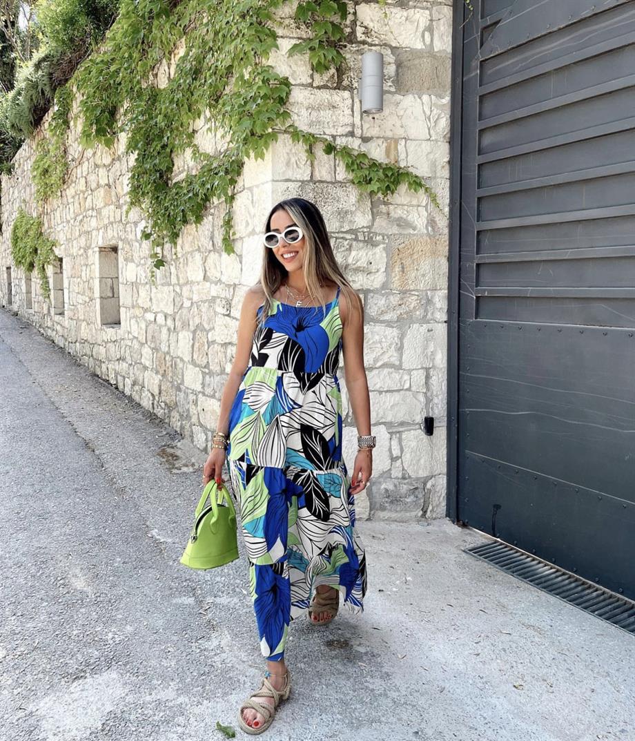 Askıl Mavi Desenliı Keten Elbise