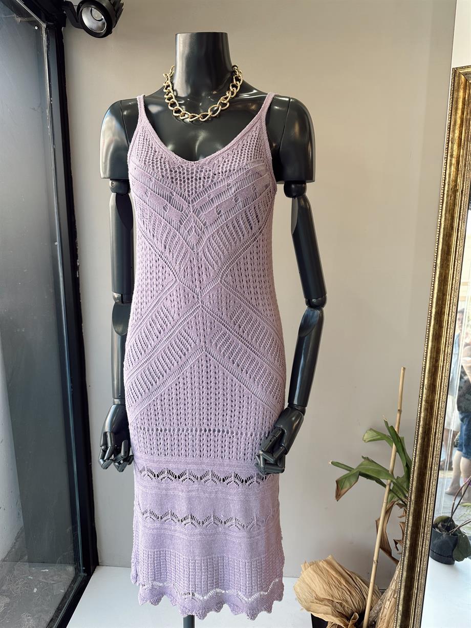 Askılı Ajur Desen Lila Triko Elbise