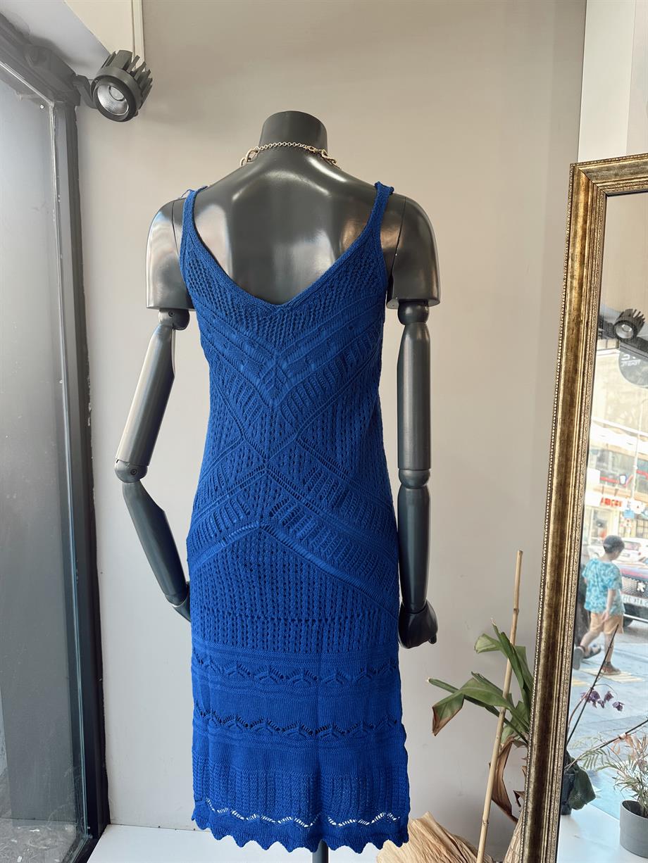 Askılı Ajur Desenli Saks Elbise