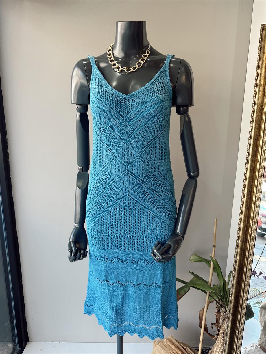 Askılı Ajur Desenli Turkuaz Triko Elbise