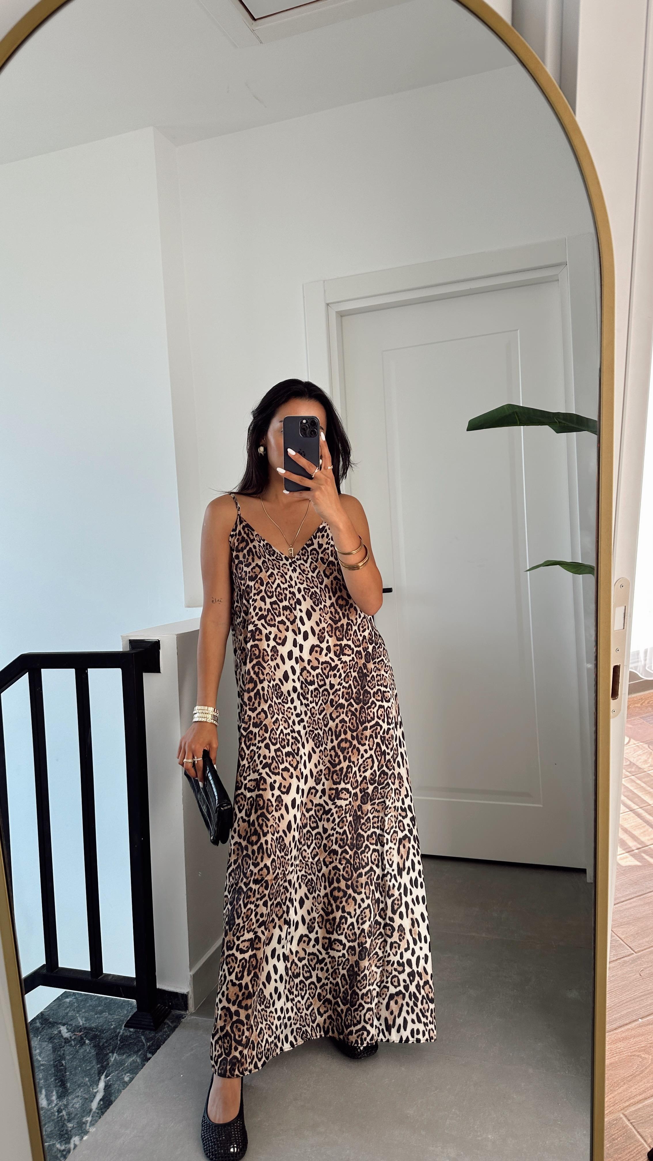 Askılı Leopar Elbise