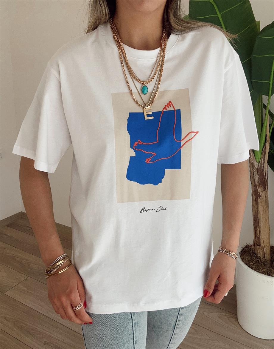 B-C Beyaz Mavi Baskılı Tişört