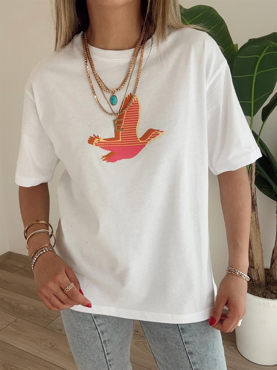 B-C Pembe Kuş Figürlü Tişört