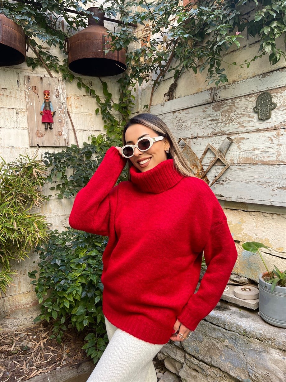 Balıkçı Yaka Kırmızı Kazak