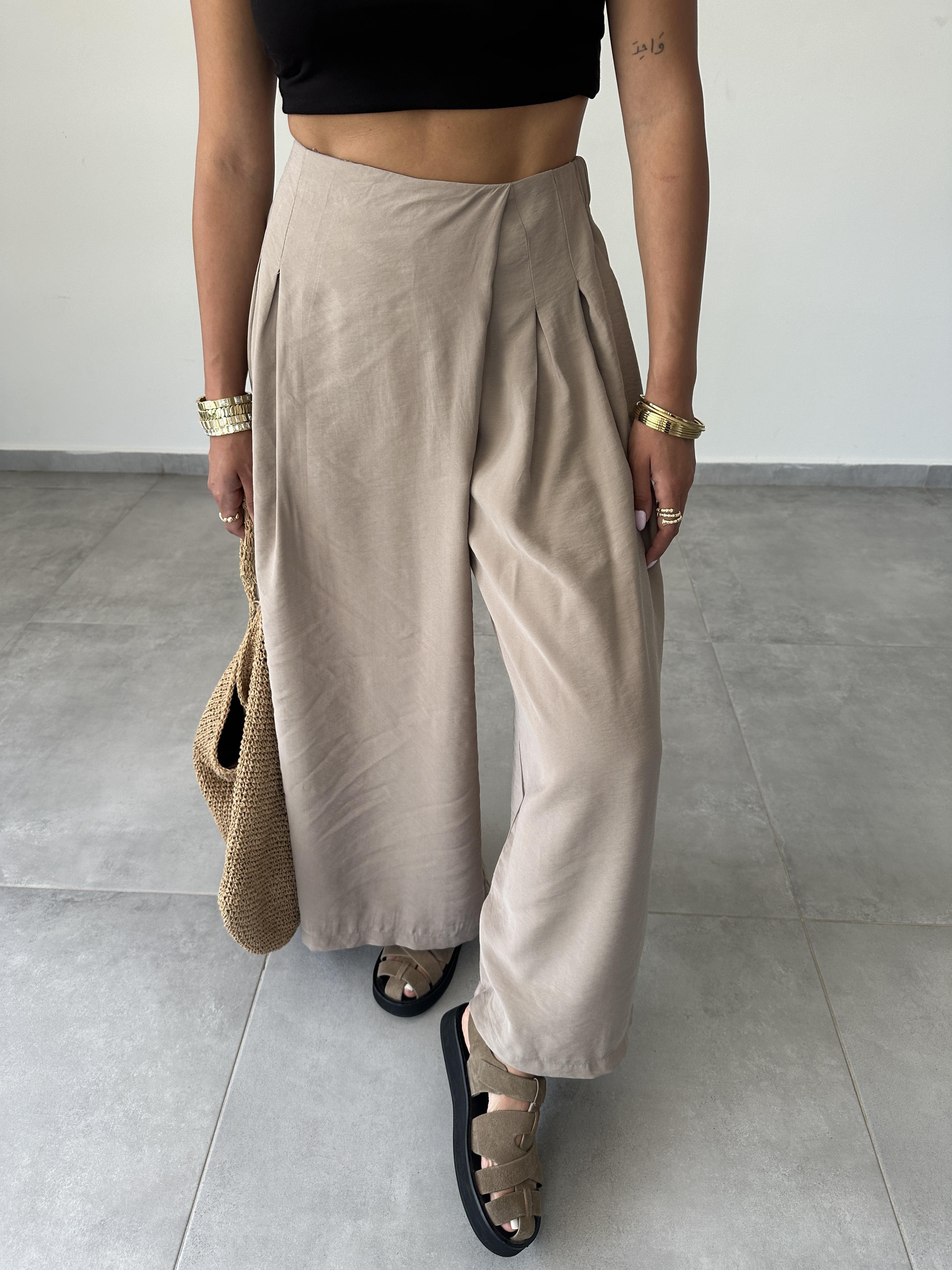 Bej Beli Lastikli Pareo Pantolon