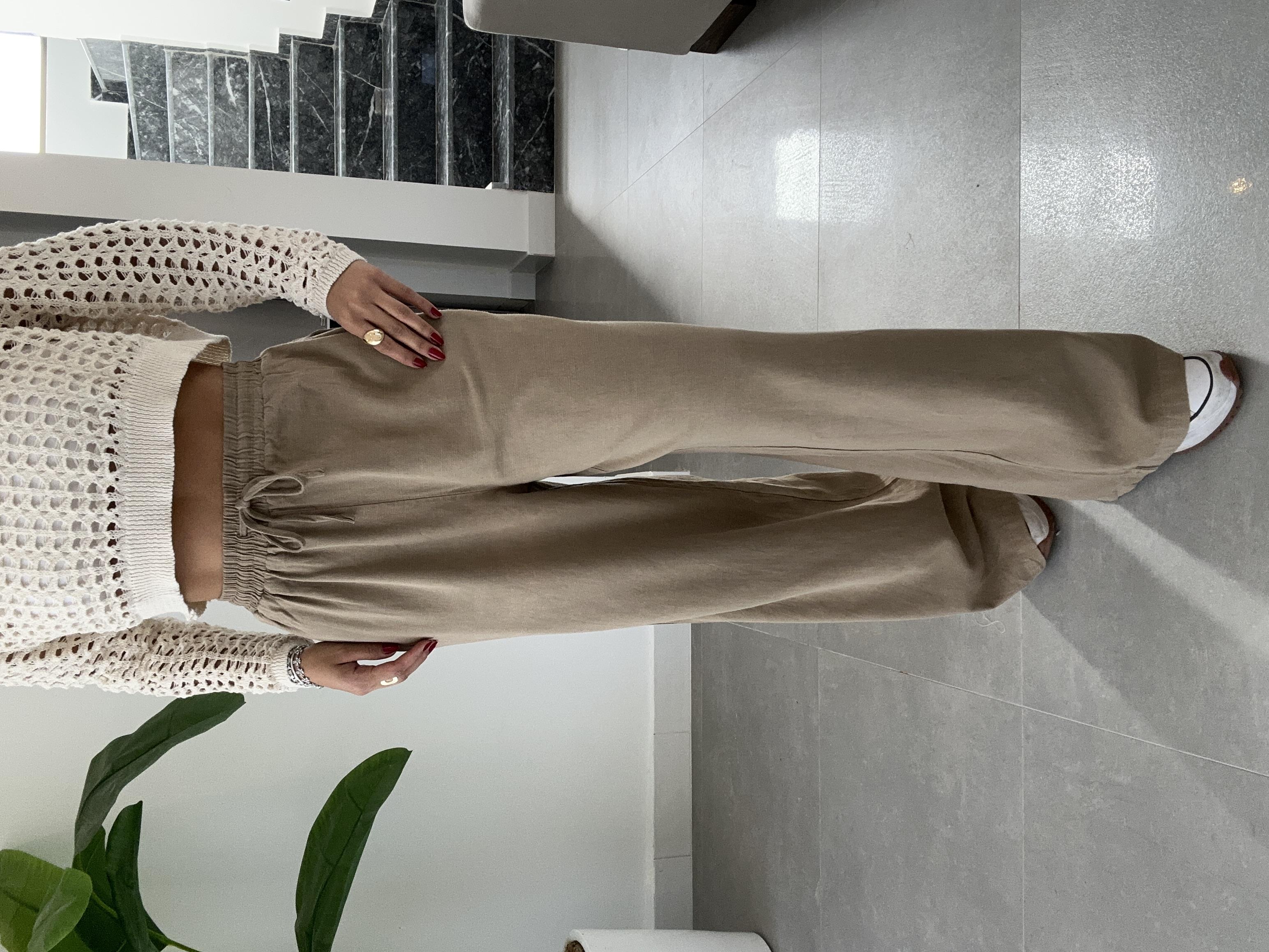 Bej Beli Lastikli Yıkamalı Pantolon