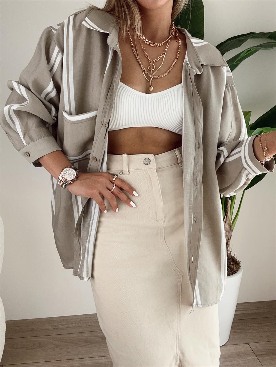 Bej-Beyaz Düşük Omuz Çizgili Gömlek