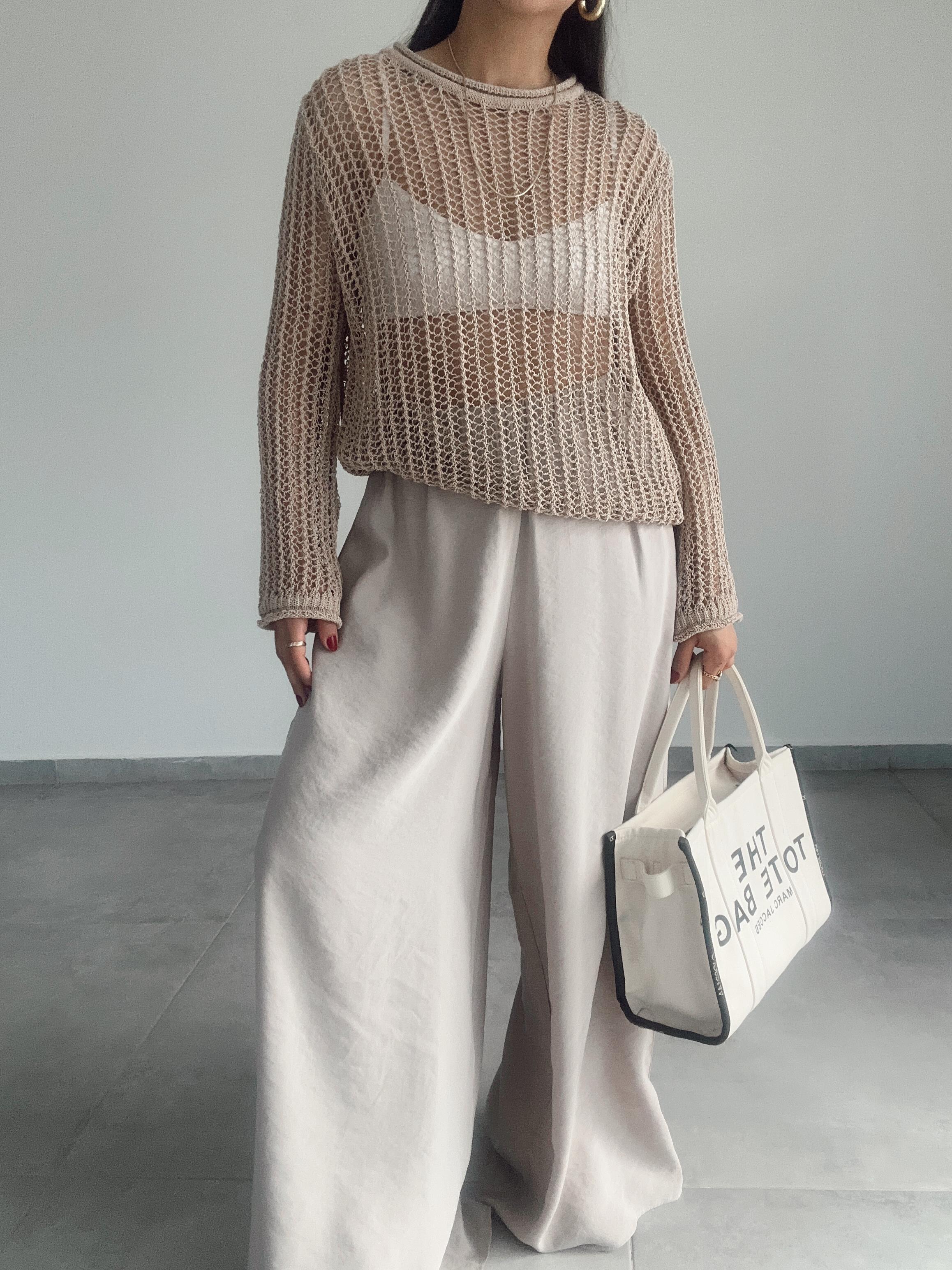 Bej Bisiklet Yaka Ajurlu Transparan Kazak