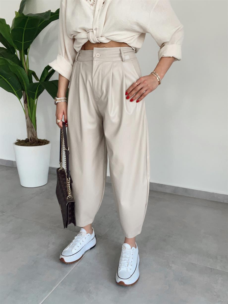 Bej Deri Şalvar Pantolon