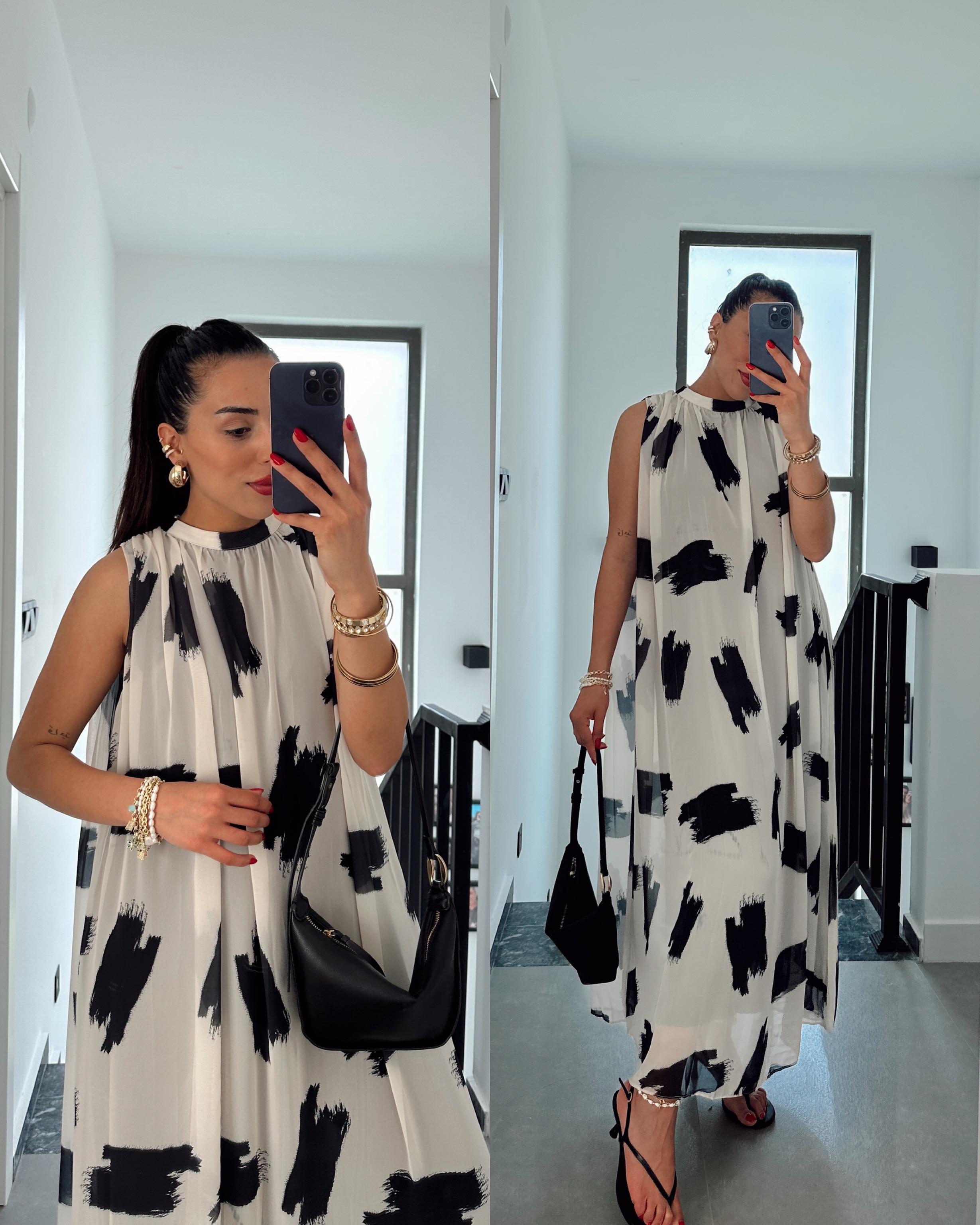 Bej Desenli Kraslı Elbise