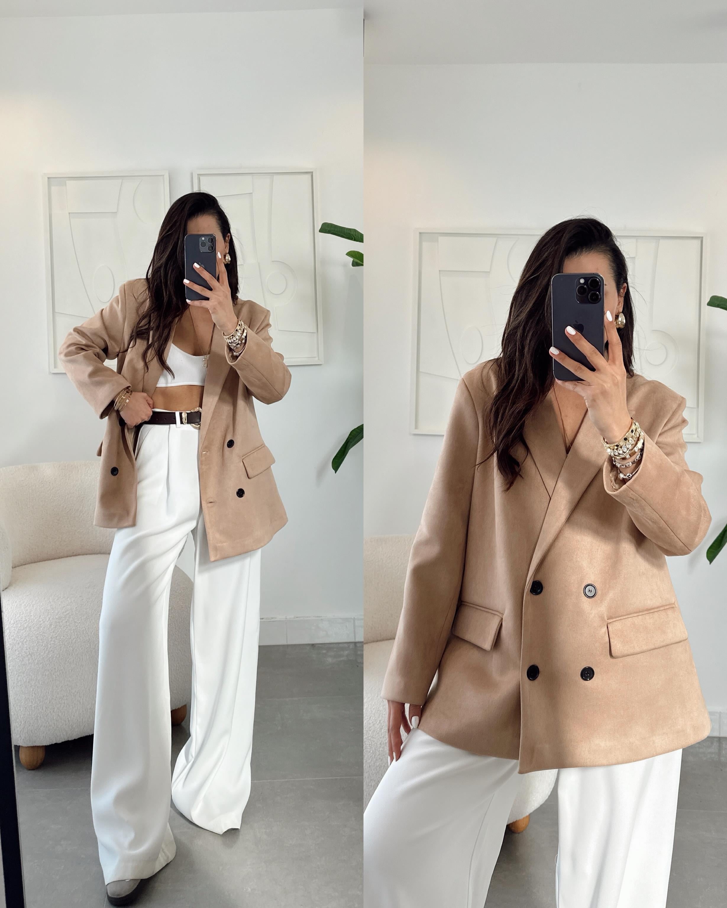 Bej Düğmeli Kruvaze Nubuk Ceket