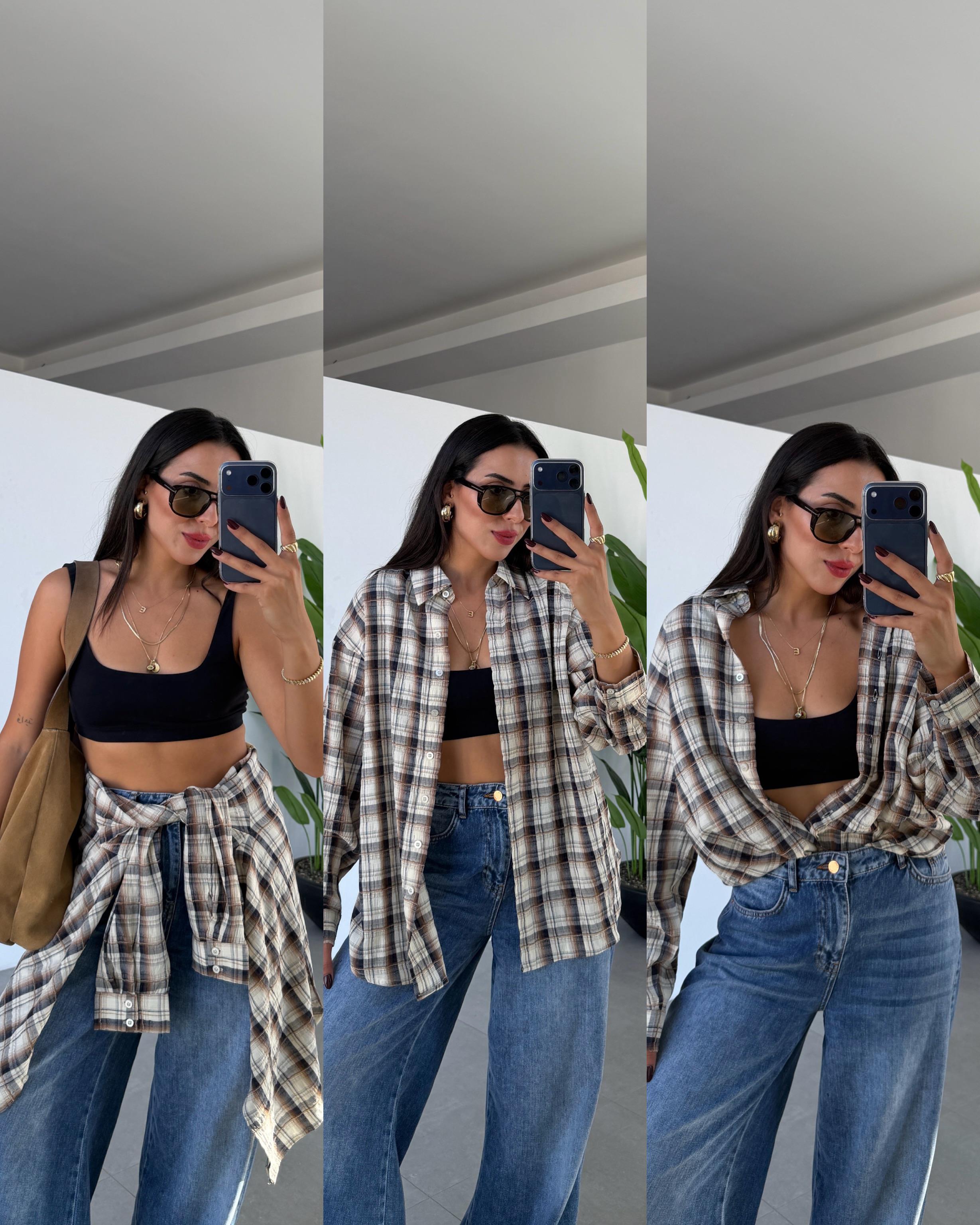 Bej Ekose Desenli Gömlek